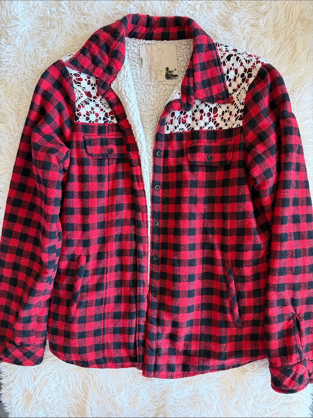 Spool 72 Red & Black Plaid Sherpa-Lined Jean Jacket with Lace Yoke